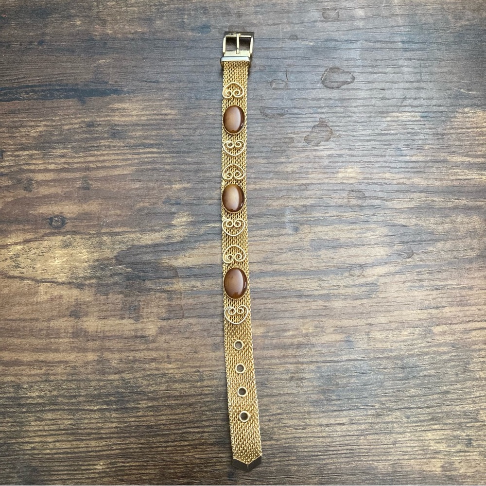 Vintage 1960s Gold Tone Cabochon Chain Mesh Belt Bracelet